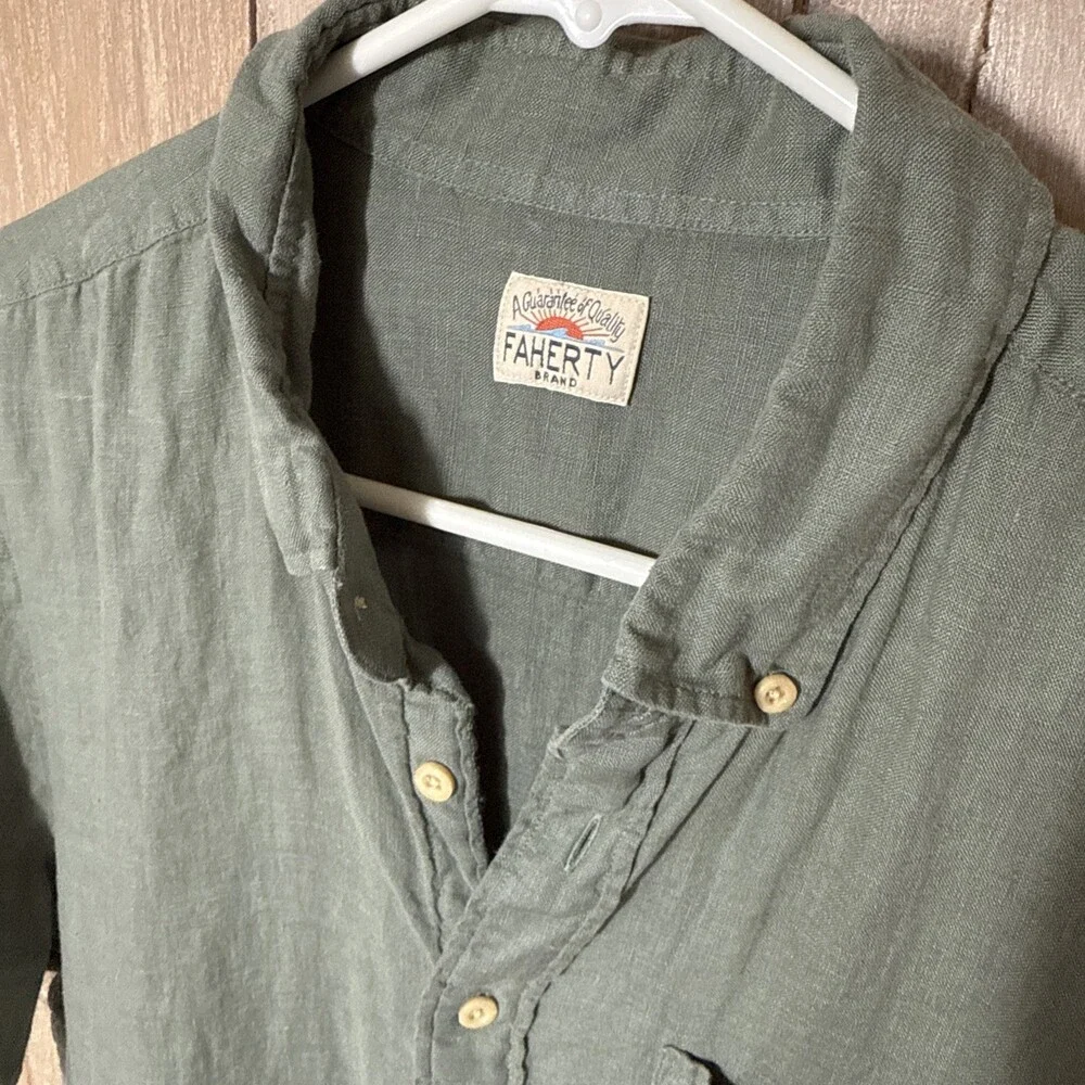 Faherty Laguna Linen Shirt Men’s Medium Spruce Green 100% Linen Short Sleeve